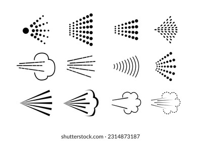 Spray steam icons. cleanning deodorant sprayed line icon set, spraying water steam nozzle flows vector signs. Vector