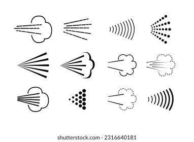 Spray steam icons. cleanning deodorant sprayed line icon set, spraying water steam nozzle flows vector signs. Vector