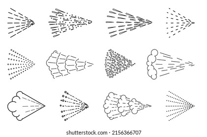 Pulverizar iconos de vapor. Juego de líneas de rociado de aerosoles de desodorante negro vectorial, rociado de corrientes de boquilla de agua monocromo de señales vectoriales