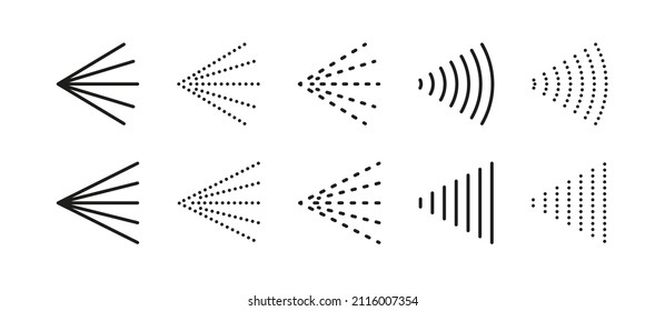 Spray steam icons for water, perfume, paint or deodorant. Scatter gas or aerosol haze. Spray symbols. Steam nozzle flows. Set of vector illustrations isolated on white background.