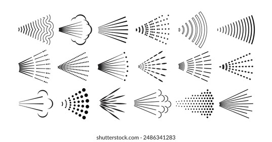 Spray symbols. Aerosol sprayed line, steam nozzle flow cloud, shower streams and spraying water, perfume or deodorant icons. Mist, jet and burst spray patterns vector set. Sprayer vapor stream.