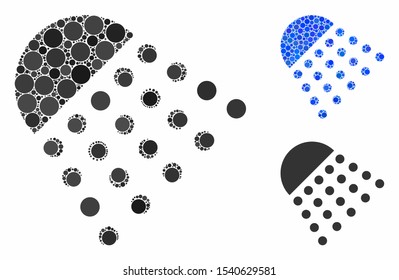 Spray tool mosaic of small circles in different sizes and color tones, based on spray tool icon. Vector filled circles are combined into blue mosaic. Dotted spray tool icon in usual and blue versions.