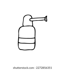 Spray for the treatment of the throat. Medicine. Means for the treatment of infectious diseases - colds, flu. An anesthetic drug. Doodle. Vector illustration. Hand drawn. Outline.
