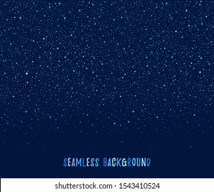 Spray, uneven dots, sparks border, frame template. Seamless in horizontal direction splash, dot splatter background. Dark blue neon dotty hand drawn texture. Falling blobs, spots, design element.