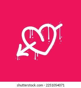 Spray urban graffiti heart icon pierced with arrow. White textured element on magenta background. Fall in love and St. Valentine s day concept for february 14th. y2k vector illustration.