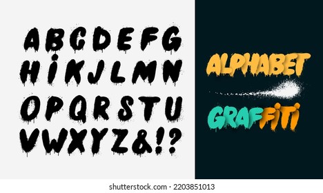 Spray vector graffiti black font. Street art wall tagging lettering, dirty graffitis letters. Alphabet grunge, street art graffiti sprayed abc lettering. Isolated symbols set.