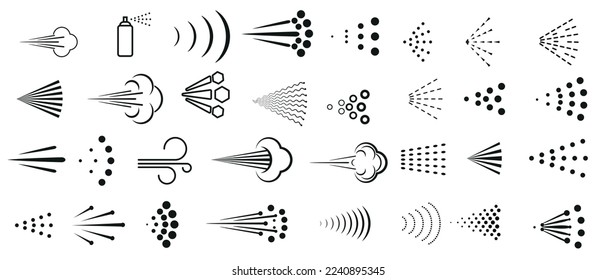 Icono vectorial de pulverización de la boquilla del pulverizador de agua o aire para aerosol de pintura o pulverización desodorante. Juego de iconos de spray. Símbolos simples de nubes de spray de fluido negro