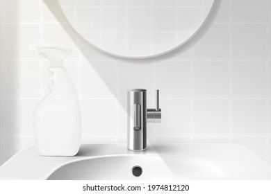 Spray wash packaging on Wash basin sink, bathroom background. Free space for your texts and branding. Realistic vector  in 3D illustration.