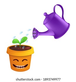 A spray of water drops from a metal watering can irrigate a green sprout in a flower pot. Vector illustration of plant care in a smiling and joyful pot isolated on a white background