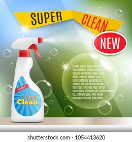 Spray For Window Cleaning Composition With Realistic Image Of Window Cleaner Soap Bubbles And Editable Text Vector Illustration