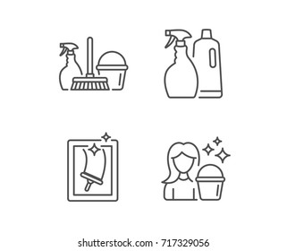 Spray, Window Cleaning and Maid equipment line icons. Bucket, Mop and Housekeeping signs. Quality design element. Editable stroke. Vector