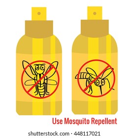 Spray yellow bottle Anti-mosquito sign cartoon hand drawn. Mosquito repellent Vector illustration isolated on a white background.