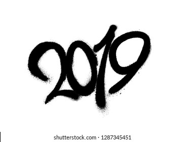 Sprayed 2019 font graffiti with overspray in black over white. Vector illustration.