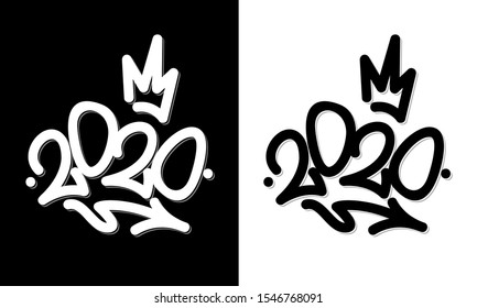 Sprayed 2020 tag graffiti with overspray in black over white. Vector illustration.