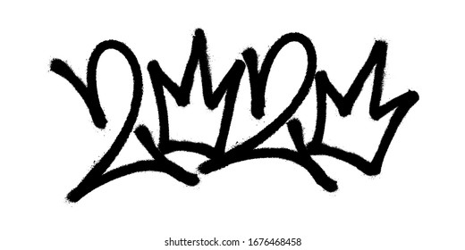 Sprayed 2020 tag graffiti with overspray in black over white. Corona. Vector illustration.
