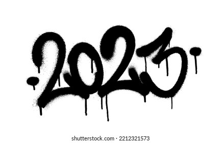 Sprayed 2023 tag gfont graffiti with overspray in black over white. Vector illustration.