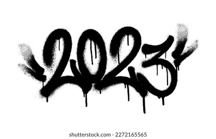 Sprayed 2023 tag gfont graffiti with overspray in black over white. Vector illustration.