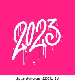 Graffiti urbain pulvérisé en 2023 avec excès de blanc sur magenta. Image vectorielle illustration texturée au spray avec fuites.