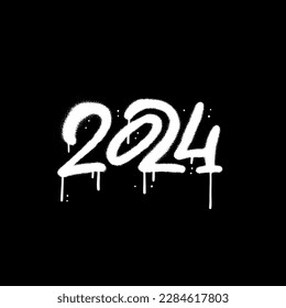 Sprayed 2024 year tag in urban graffiti style with overspray in white over black. Vector textured illustration.