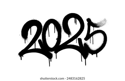 Sprayed 2025 tag gfont graffiti with overspray in black over white. Vector illustration.