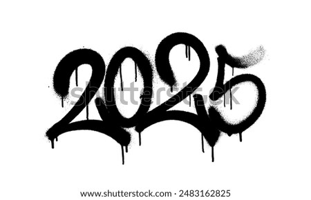 Sprayed 2025 tag gfont graffiti with overspray in black over white. Vector illustration.