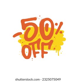 Sprayed -50 percent off urban graffiti with overspray over abstract color shape. Vector textured illustration.