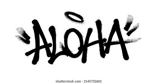 Sprayed aloha font graffiti with overspray in black over white. Vector illustration.