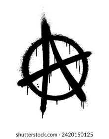 Sprayed anarchy symbol with overspray in black over white. Vector illustration.