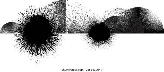 Sprayed black half circles composition .Graffiti art design . Noise textured semi circles. Spray effect .Grunge texture .Design forms.Distressed grungy element .Rough roller paint semicircles .Vector 