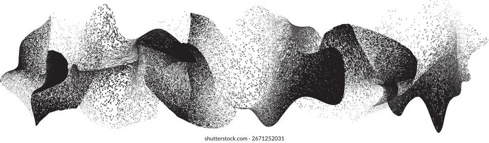 Línea espiral negra rociada. Diseño de arte de graffiti. Logotipo ondulado sucio de dispersión de ruido . Efecto de pulverización. Textura Grunge. Elemento con problemas . Vector texturizado Grange
