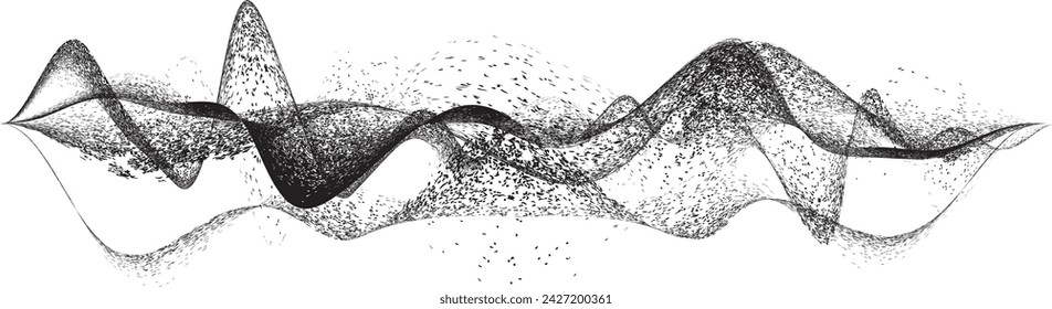 Versprühte schwarze gewellte Linie .Graffiti Kunst Design . Logo für Geräuschdispersionen . Sprüheffekt .Grunge gekrümmte Linie . Körnige, körnige strukturierte Linie. Distressed-Element .vector 