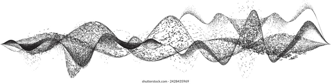 Línea ondulada negra pulverizada. Diseño de arte de graffiti . Logotipo de dispersión de ruido . Efecto spray .Línea curvada de grunge . Línea granulada con textura arenosa. Elemento en dificultades .vector 