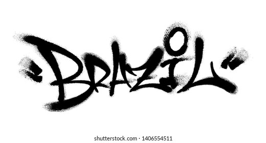 Sprayed Brazil font graffiti with overspray in black over white. Vector illustration.