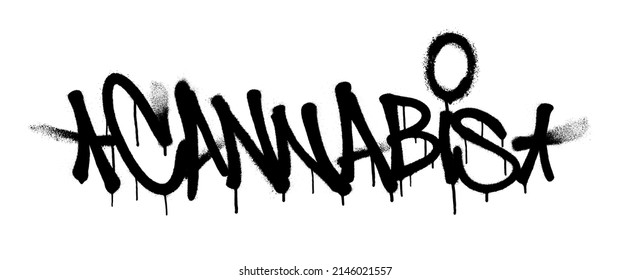 Sprayed cannabis font graffiti with overspray in black over white. Vector illustration.
