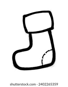 Sprayed Christmas stocking for gifts with overspray in black over white. Vector illustration.