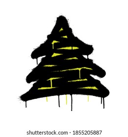 Sprayed christmas tree with overspray in black over white. Vector illustration.