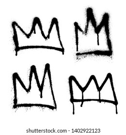 Sprayed crown graffiti set with overspray in black over white. Vector illustration.