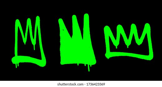 Sprayed crowns with overspray in green over black. Vector illustration.