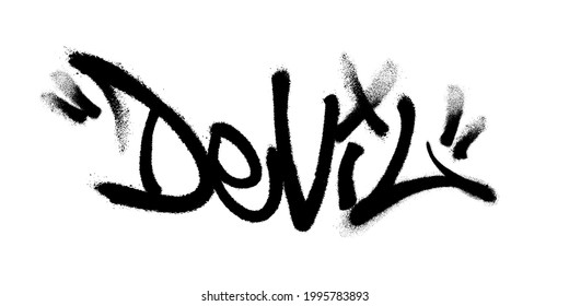 Sprayed Devil Font Graffiti With Overspray In Black Over White. Vector Illustration.