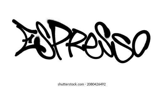 Sprayed espresso font graffiti with overspray in black over white. Vector illustration.