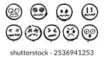 Sprayed faces, isolated set of doodle emoticons with emotions and expressions. Vector characters with irritated and annoyed, surprised and squeamish personages. Grungy emoji emoticons creatures
