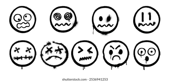 Sprayed faces, isolated set of doodle emoticons with emotions and expressions. Vector characters with irritated and annoyed, surprised and squeamish personages. Grungy emoji emoticons creatures