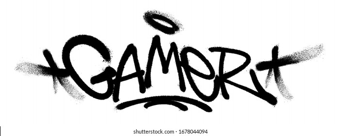 Sprayed gamer font graffiti with overspray in black over white. Vector illustration.