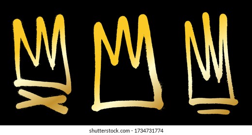 Sprayed golden crowns with overspray on black background. Vector illustration.