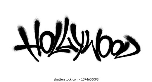 Sprayed Hollywood Font Graffiti With Overspray In Black Over White. Vector Illustration.