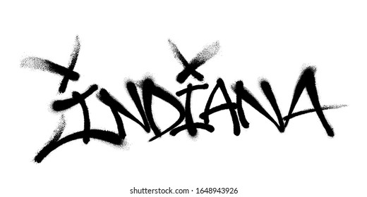 Sprayed Indiana font graffiti with overspray in black over white. Vector illustration.