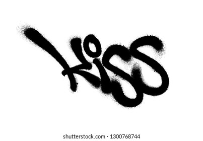 Sprayed kiss font graffiti with overspray in black over white. Vector illustration.