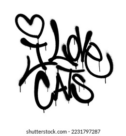 Sprayed i love cats font graffiti with overspray in black over white. Vector illustration.