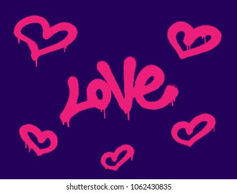 Sprayed love font graffiti with overspray in pink over dark blue. Vector illustration.