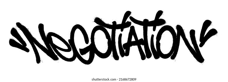 Sprayed negotiation font graffiti with overspray in black over white. Vector illustration.